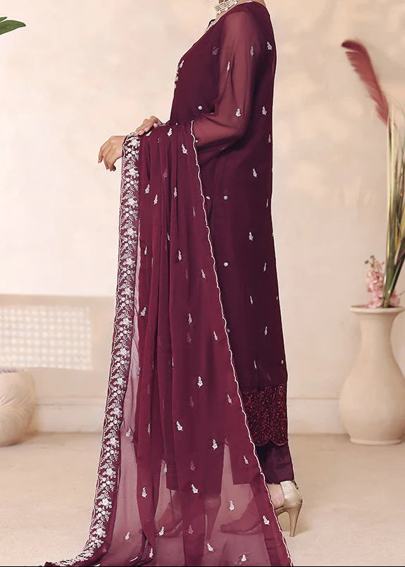 Grace Z-(CHERRY MIST) -Stitched Embroidered Chiffon 3PC Suit.