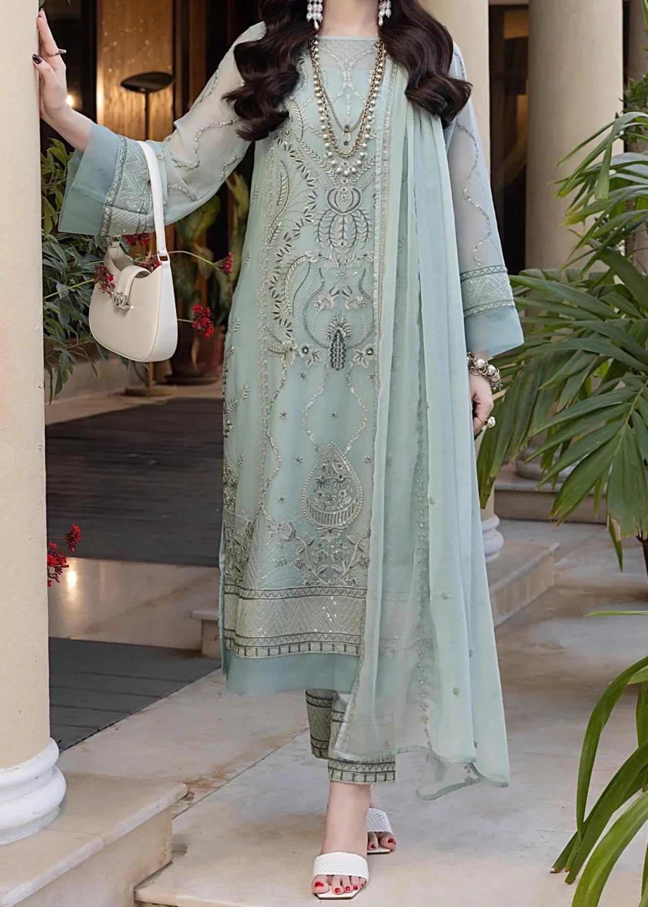 Grace Z - (PISTACHIO) - Stitched Embroidered Chiffon 3PC Suit.