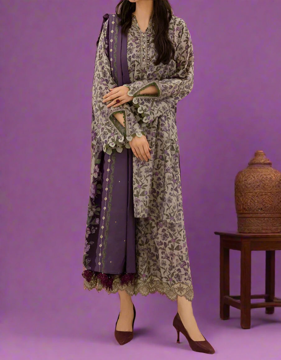 Grace W468-Printed 3pc karandi Dress With Printed karandi Shawl.