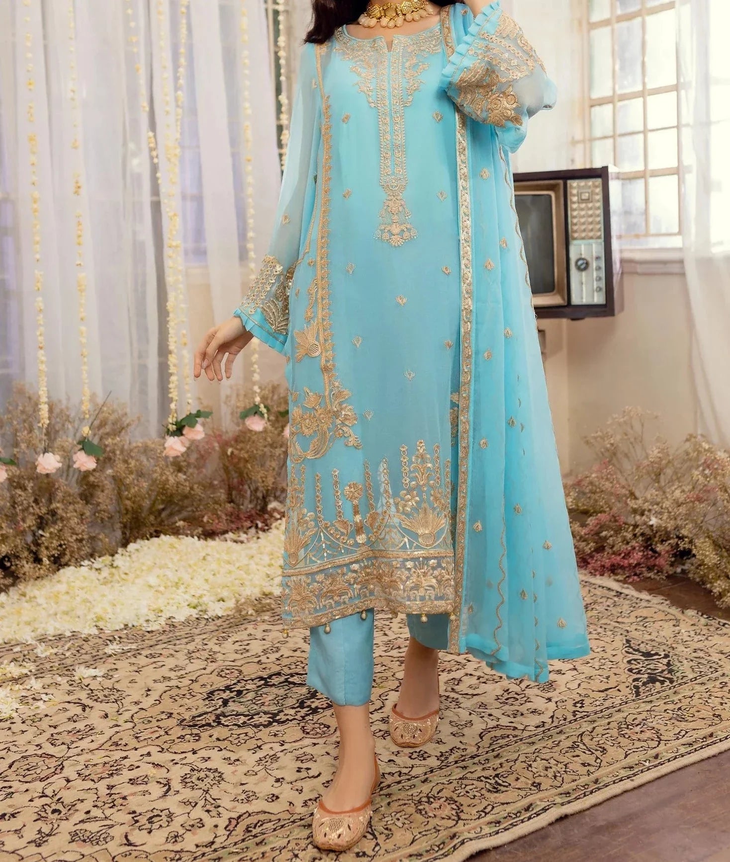 Grace Z - (Sky Blue) - Stitched Embroidered Chiffon 3PC Suit.
