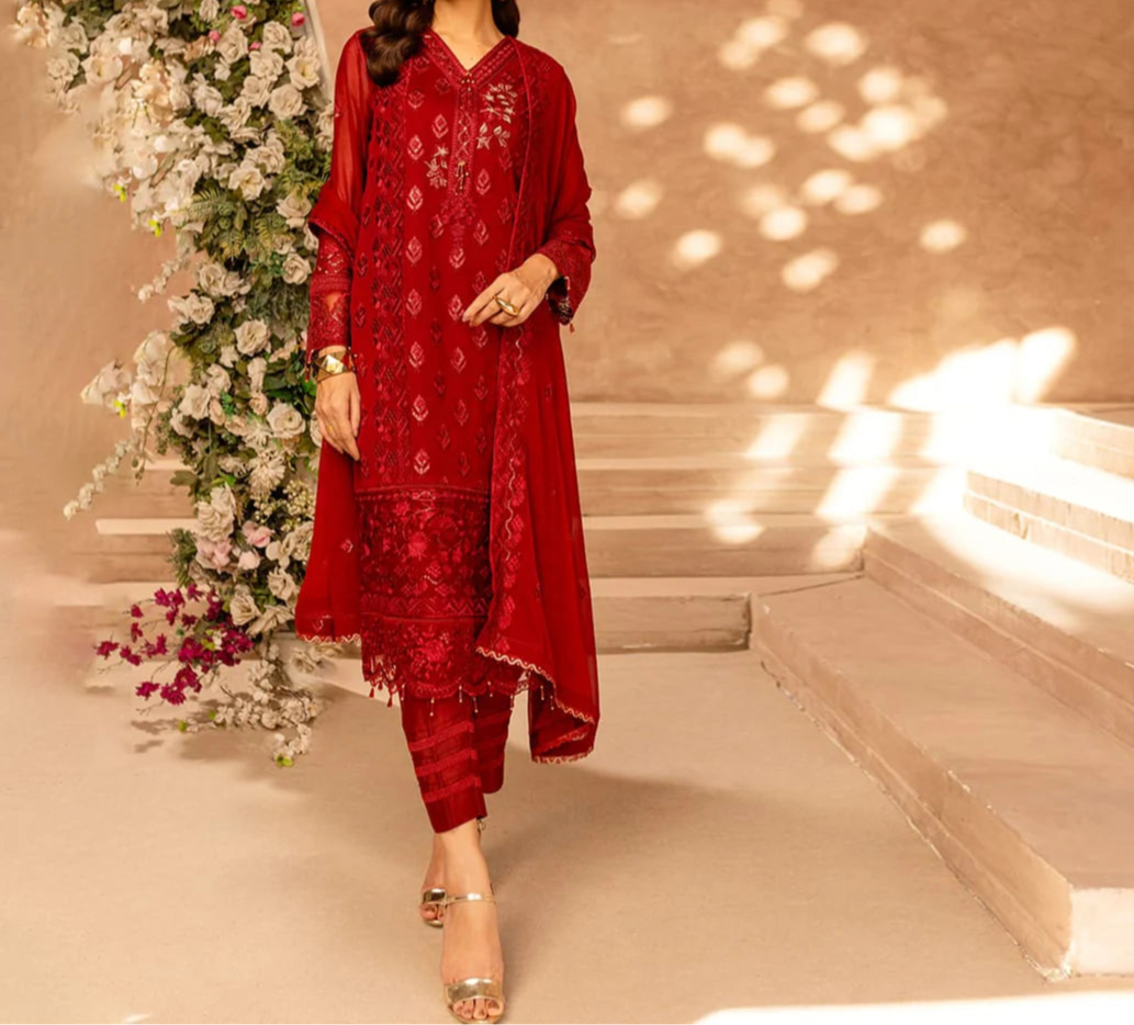 WINE SCARLET– Embroidered Chiffon Unstitched 3Pc Suit.