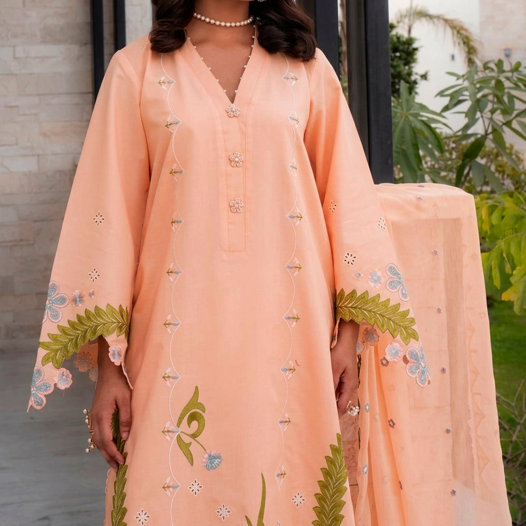 MISK 03 - Embroidered 3pc Chikankari Lawn Dress With Embroidered Chiffon Dupatta.