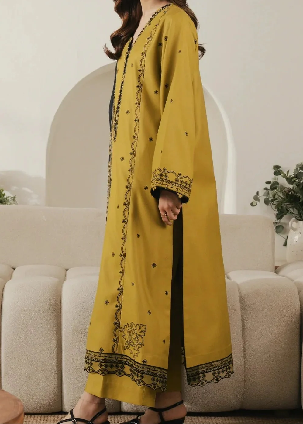 Grace Z-(W1010) - Stitched Embroidered 3pc Marina Dress With Printed Shawl.