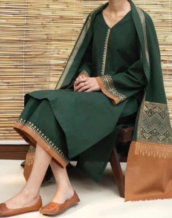 Grace W269- Embroidered 3pc marina dress with Digital Printed wool shawl.