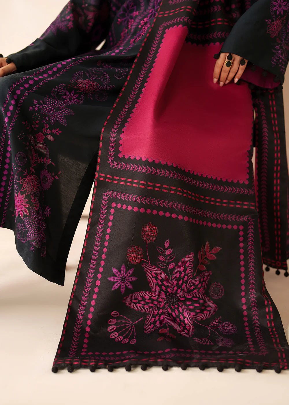 Grace W945 - Embroidered & Printed 3pc Karandi Dress With Digital Printed Karandi Shawl.
