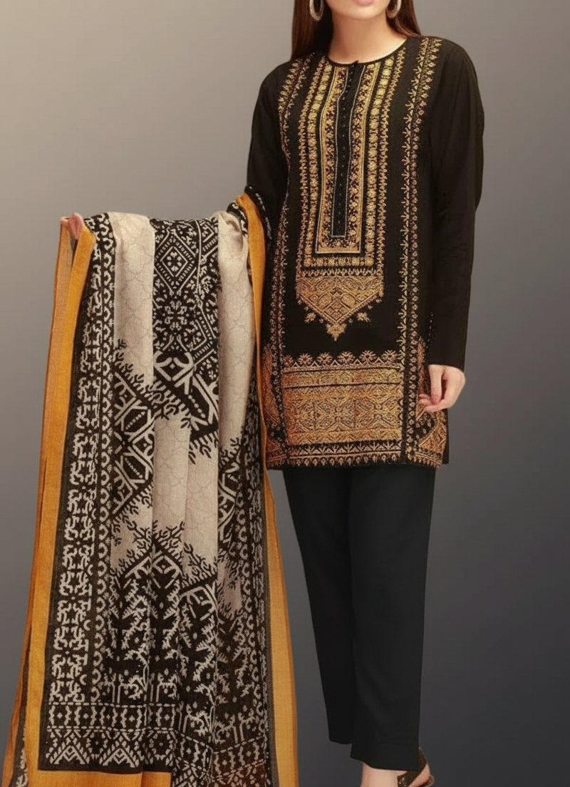 Grace W102 -Embroidered 3pc khaddar dress with printed shawl.