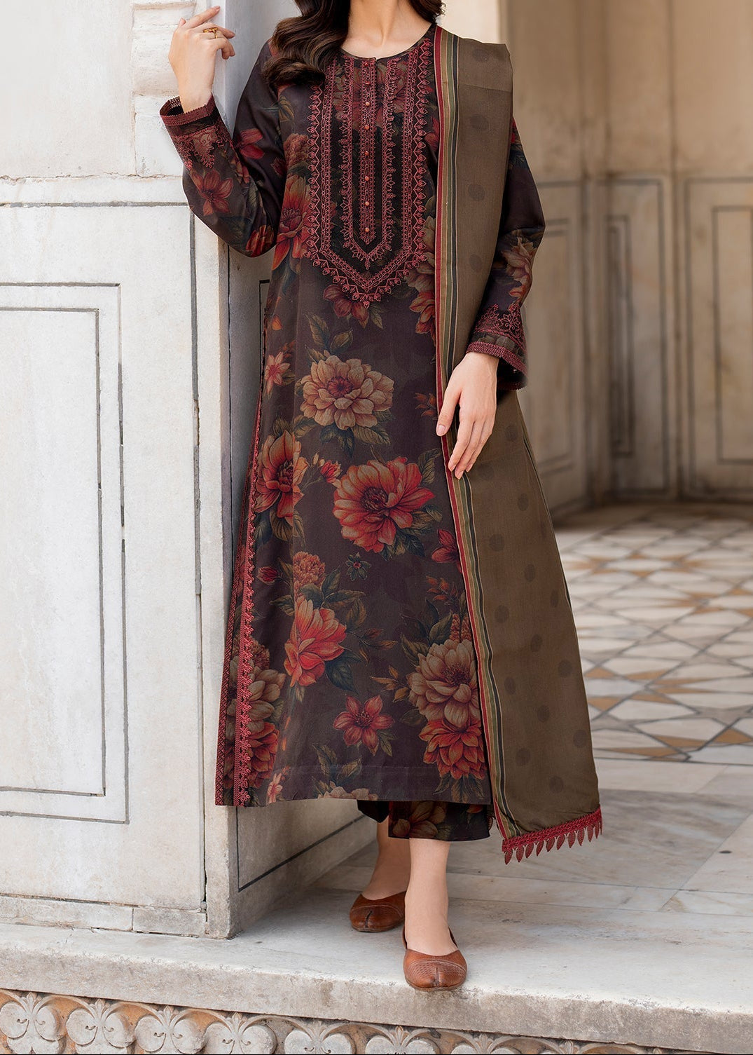 Grace Z-(W763) - Stitched Printed & Embroidered 3pc Karandi Dress With Printed Karandi Shawl.