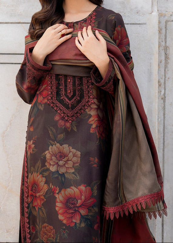 Grace Z-(W763) - Stitched Printed & Embroidered 3pc Karandi Dress With Printed Karandi Shawl.