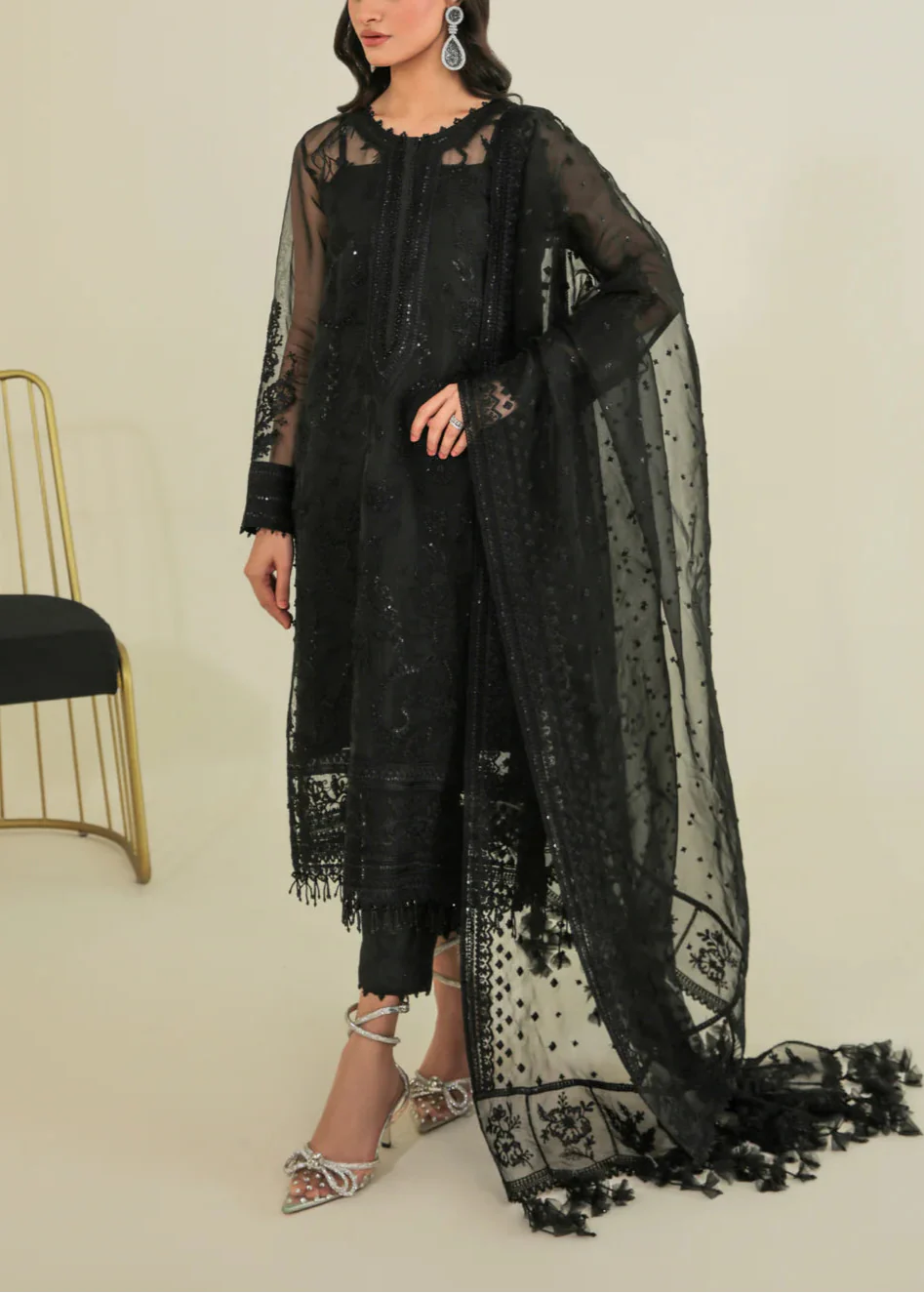 Grace Z-(S926)- Stitched Embroidered Sequence 3pc Organza Dress with Embroidered Organza Duppata.