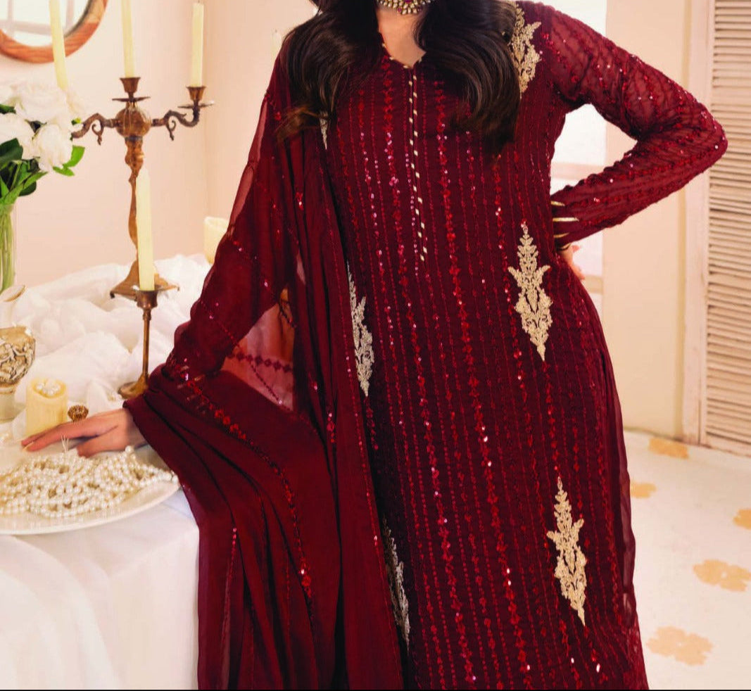 DEEP CLARET– Embroidered Chiffon Unstitched 3Pc Suit.