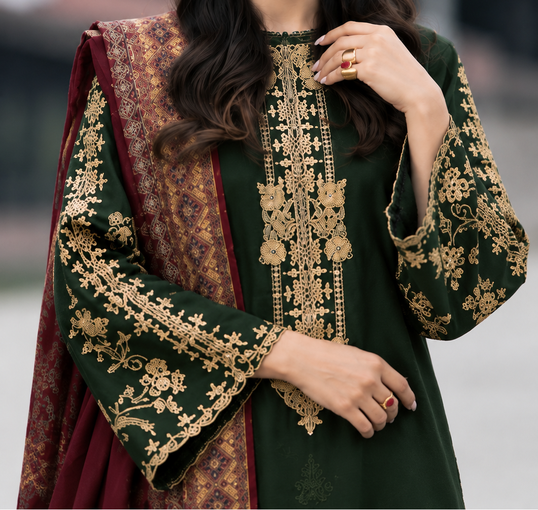 Grace W1047 - Embroidered 3pc CHIKANKARI Marina Dress With Printed Shawl.