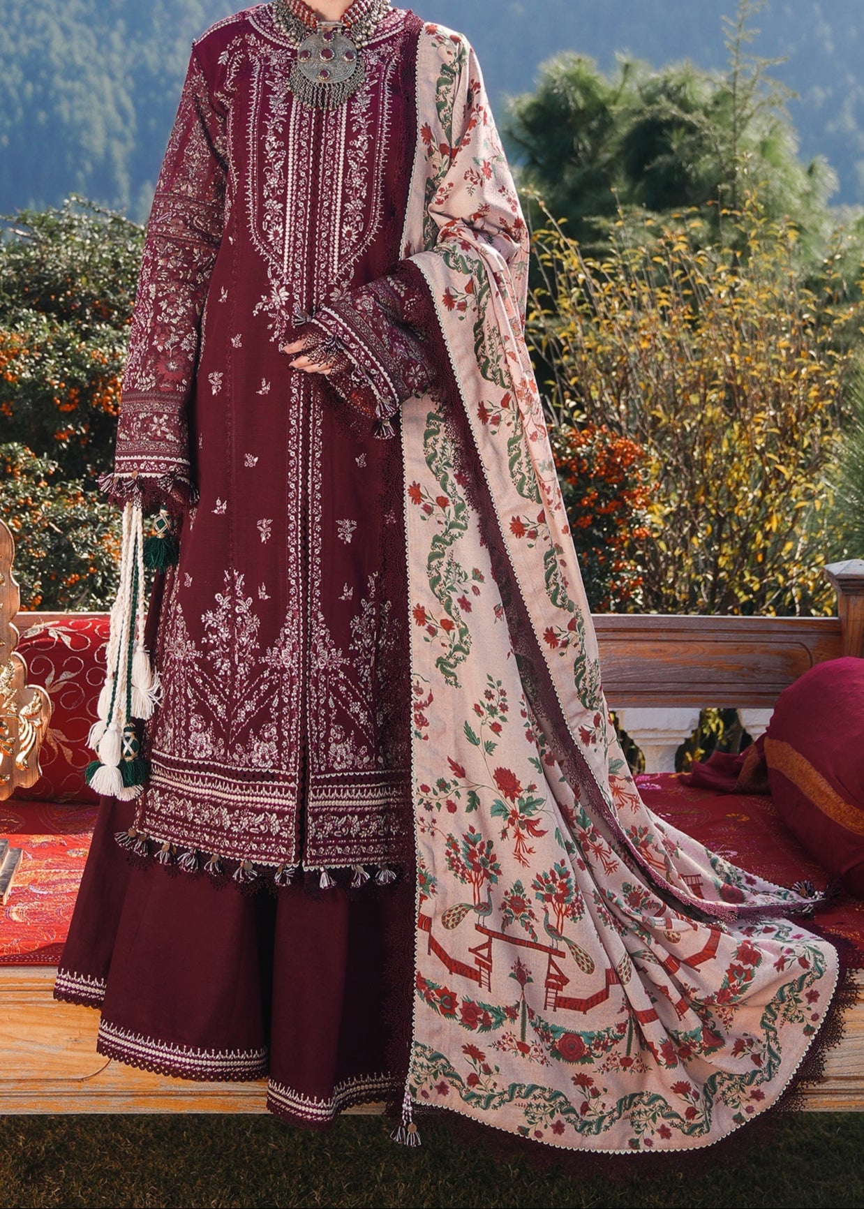 Grace W691-Embroidered 3pc Marina Dress With Printed Shawl