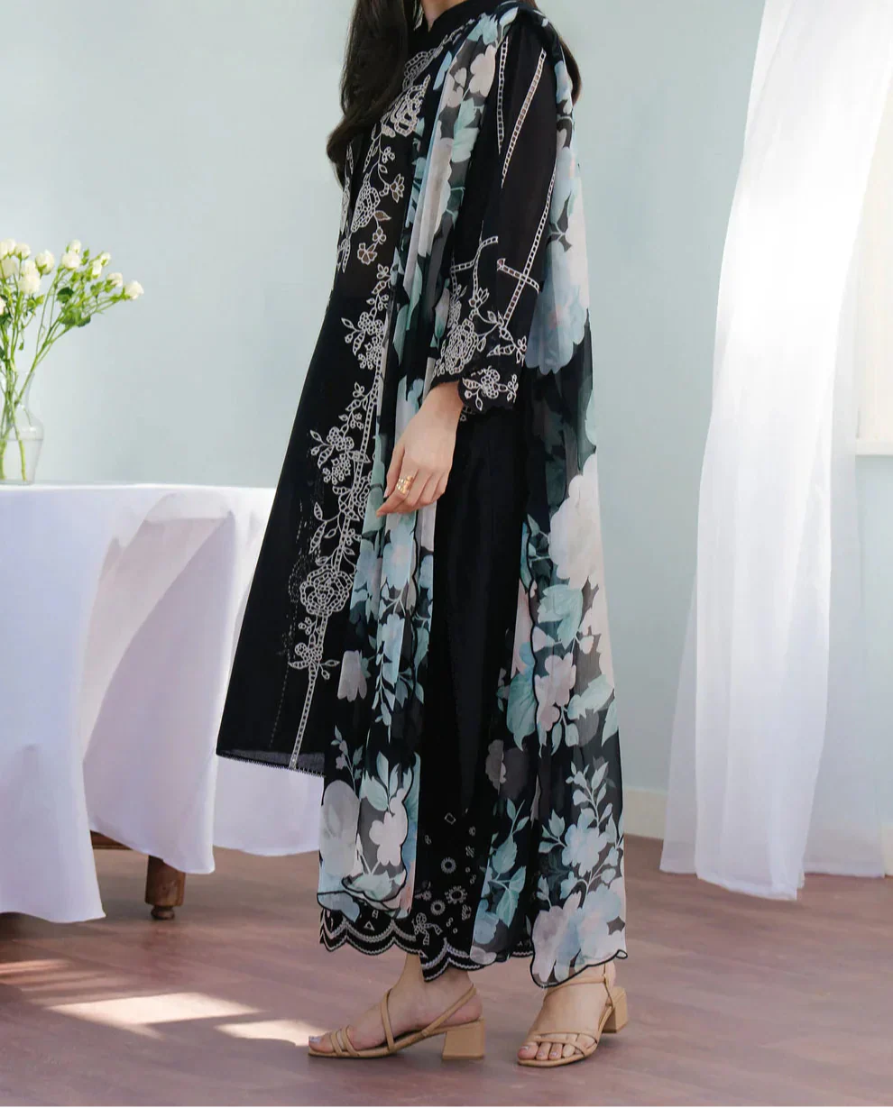 Grace Z-(W740) - Stitched Embroidered 3pc Marina Dress With Printed Shawl.
