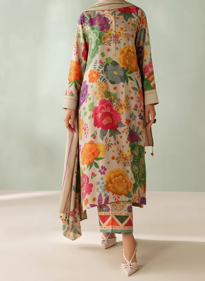 Grace W848 - Digital Printed 3pc Karandi Dress With Digital Printed Karandi Shawl.