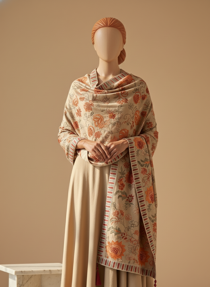 Sarinnah D77-Embroidered Karandi Beige Shawl