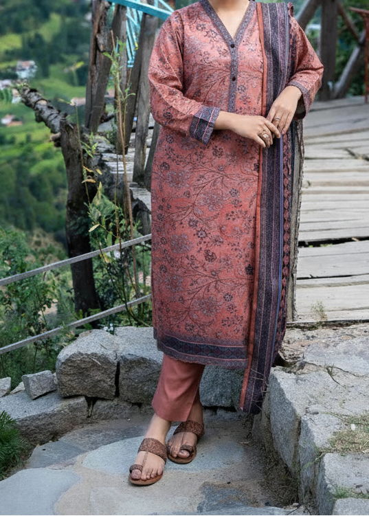 Grace W867 - Digital Printed 3pc Karandi Dress With Digital Printed Karandi Shawl.