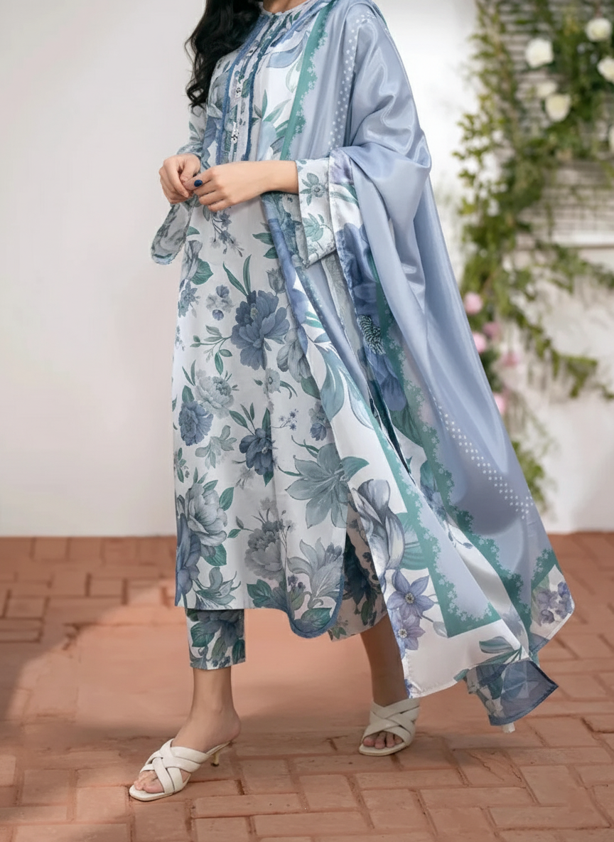 Grace W822 - Digital Printed 3pc Karandi Dress With Digital Printed Karandi Shawl.