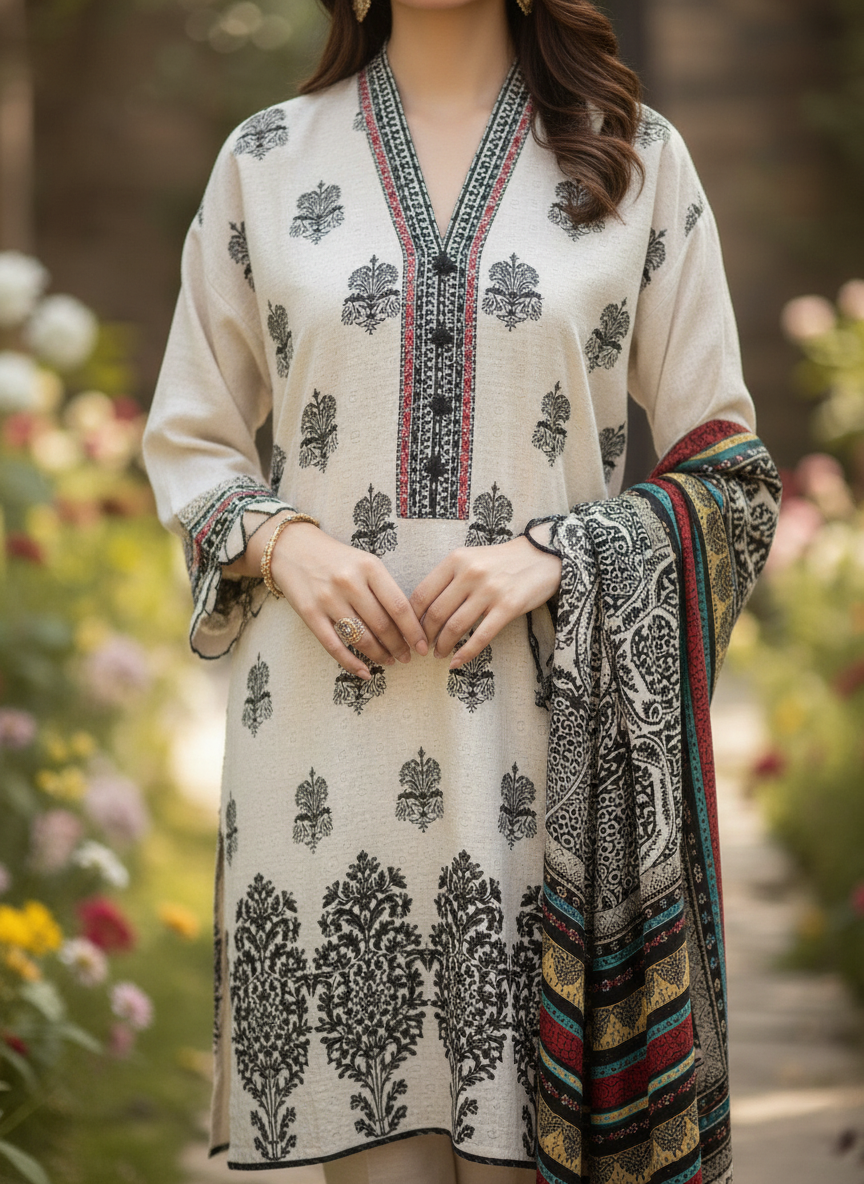 Grace W554-Embroidered 3pc khaddar dress With Printed shawl.