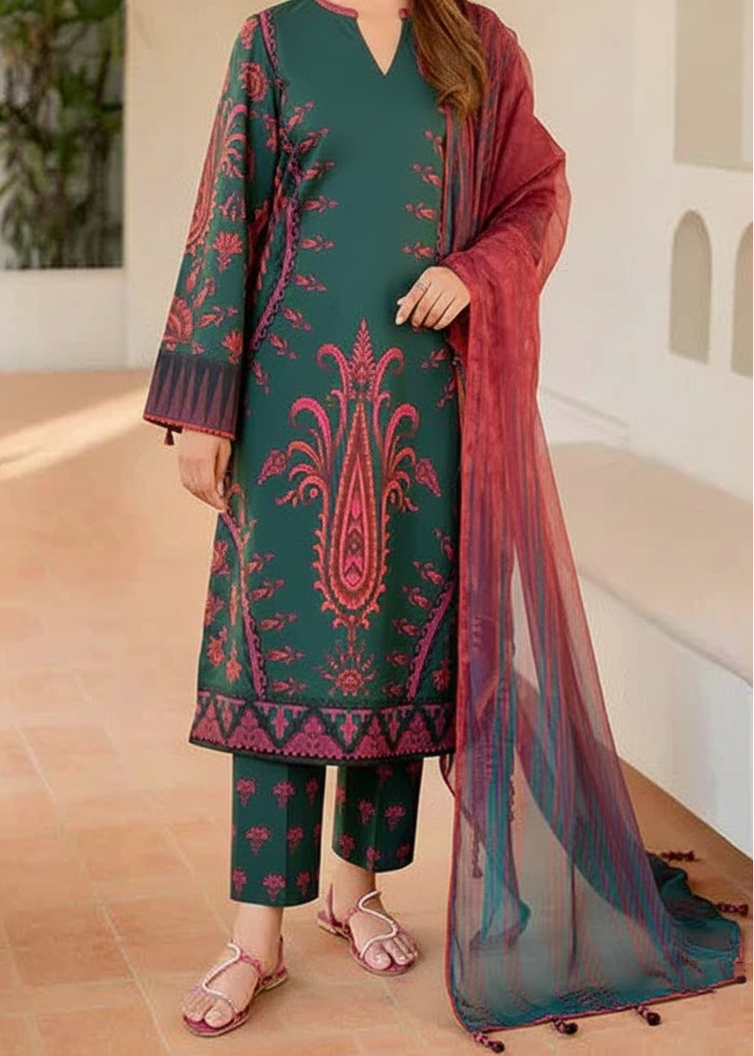 Grace W811 - Digital Printed 3pc Karandi Dress With Digital Printed Karandi Shawl.