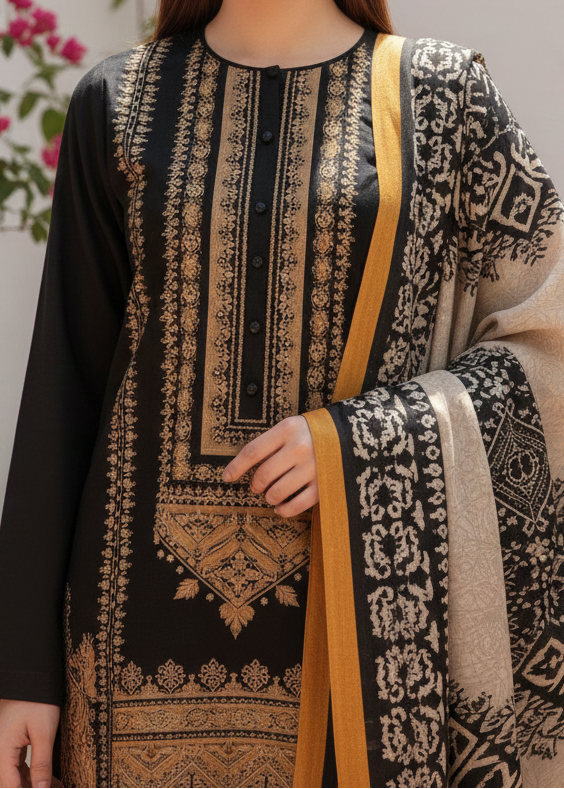 Grace W102 -Embroidered 3pc khaddar dress with printed shawl.