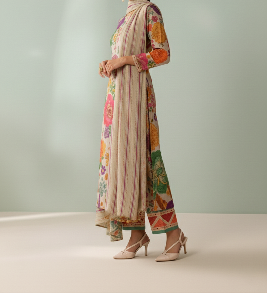 Grace W848 - Digital Printed 3pc Karandi Dress With Digital Printed Karandi Shawl.