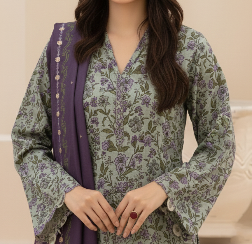 Grace W816 - Digital Printed 3pc Karandi Dress With Digital Printed Karandi Shawl.