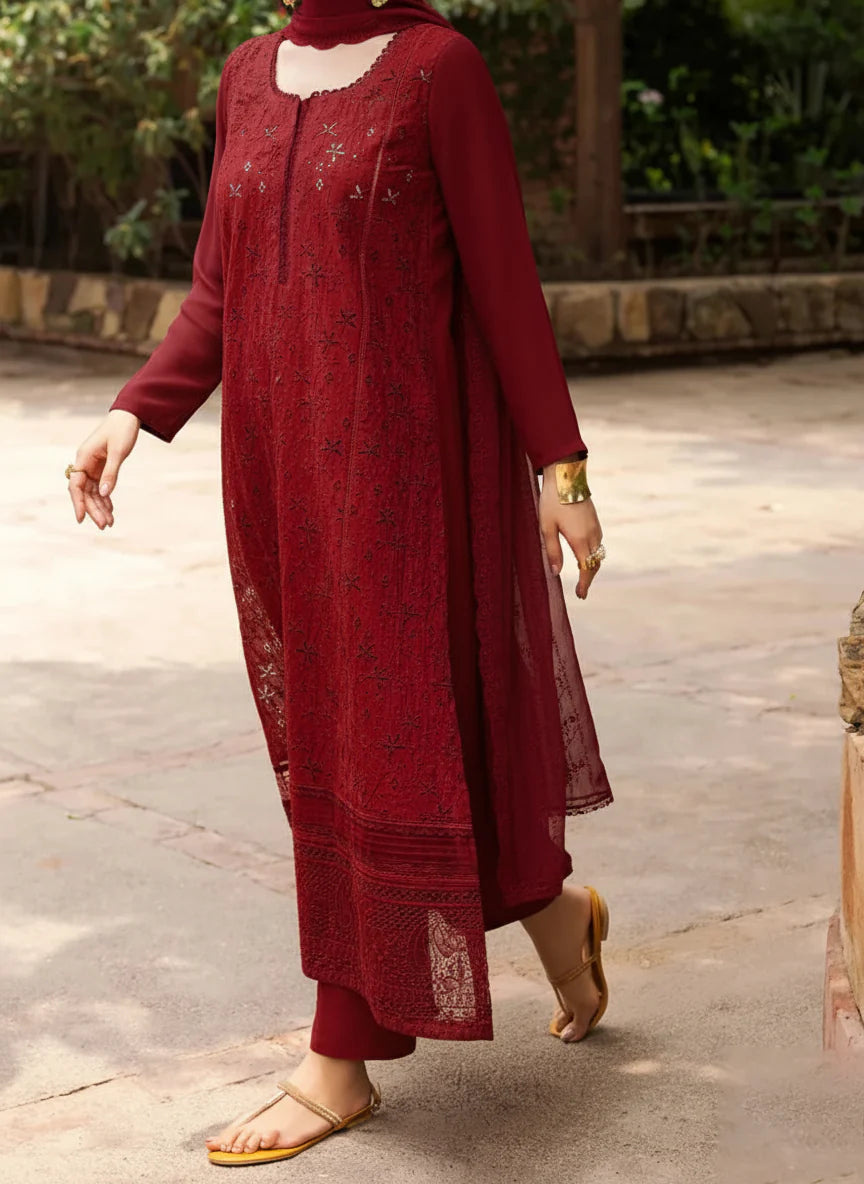 Grace Z-(W863) - Stitched Embroidered 3pc Chikankari Marina Dress With Embroidered Chikankari Chiffon Dupatta.
