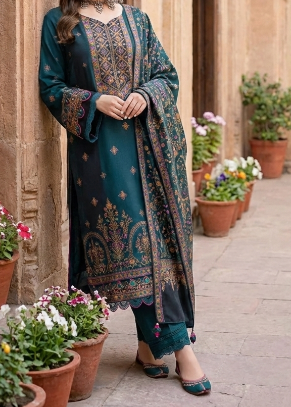 Grace W531-Embroidered 3pc marina dress with Embroidered Marina shawl.