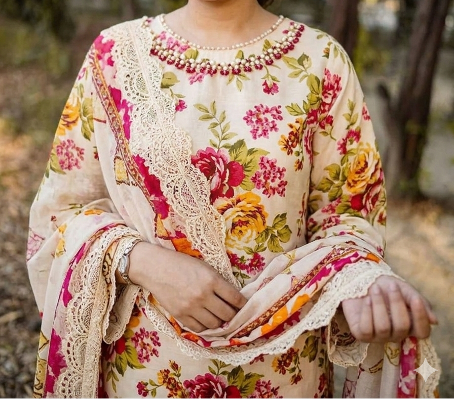 Grace S1353 - Printed & Embroidered 3pc Lawn Dress With Embroidered Sequence Chiffon Dupatta.