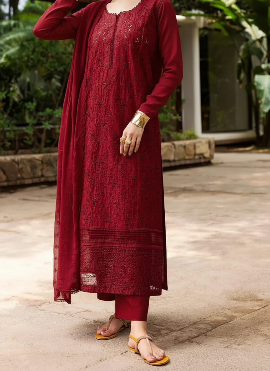 Grace W863-Embroidered 3pc Chikankari Marina Dress With Embroidered Chikankari Chiffon Dupatta.