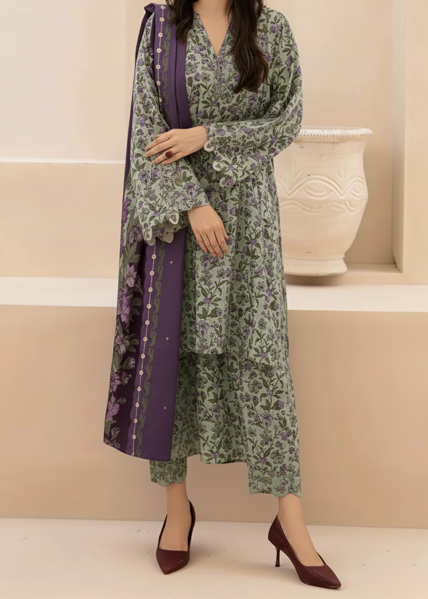Grace W816 - Digital Printed 3pc Karandi Dress With Digital Printed Karandi Shawl.