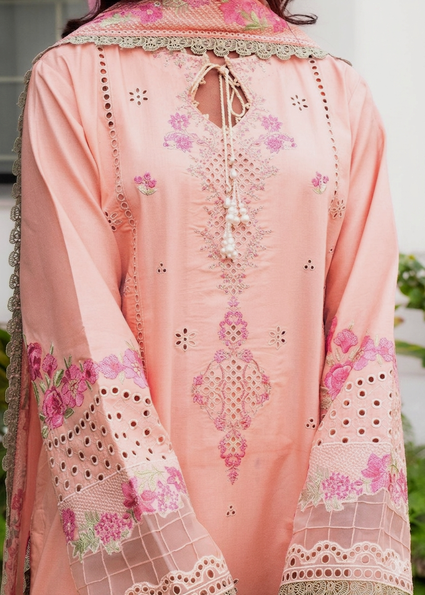 MISK 02 - Embroidered 3pc Chikankari Lawn Dress With Embroidered Chiffon Dupatta.