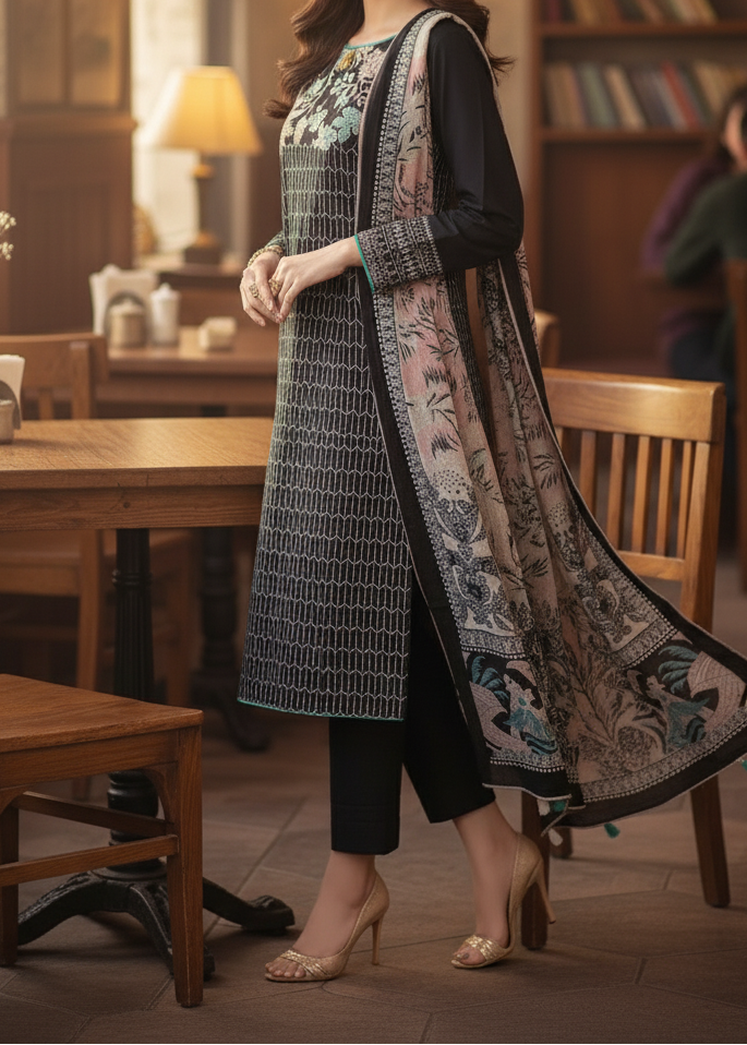 Grace Z-(W537)- Stitched Embroidered 3pc khaddar dress With Printed shawl.