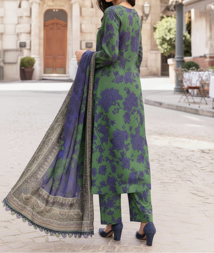 Grace W821 - Digital Printed 3pc Karandi Dress With Digital Printed Karandi Shawl.