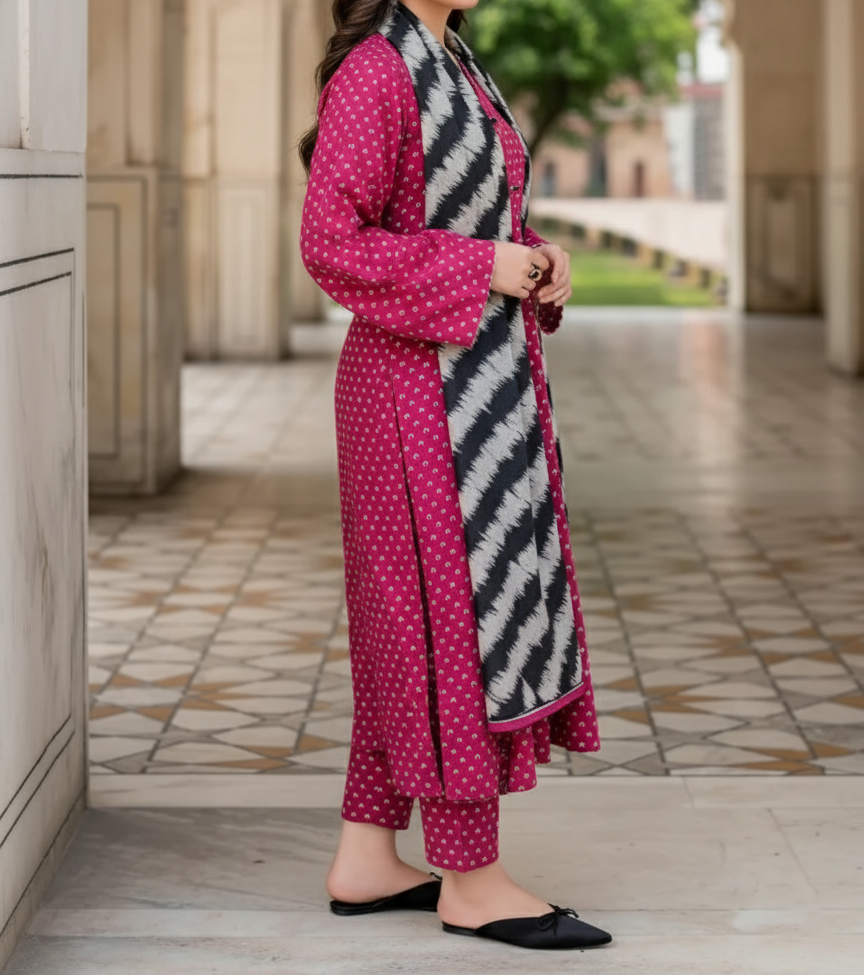 Grace W838 - Digital Printed 3pc Karandi Dress With Digital Printed Karandi Shawl.