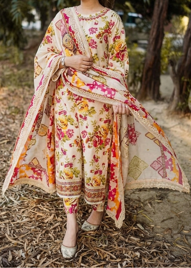 Grace S1353 - Printed & Embroidered 3pc Lawn Dress With Embroidered Sequence Chiffon Dupatta.