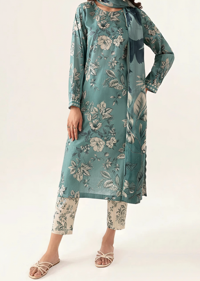 Grace W808 - Digital Printed 3pc Karandi Dress With Digital Printed Karandi Shawl.