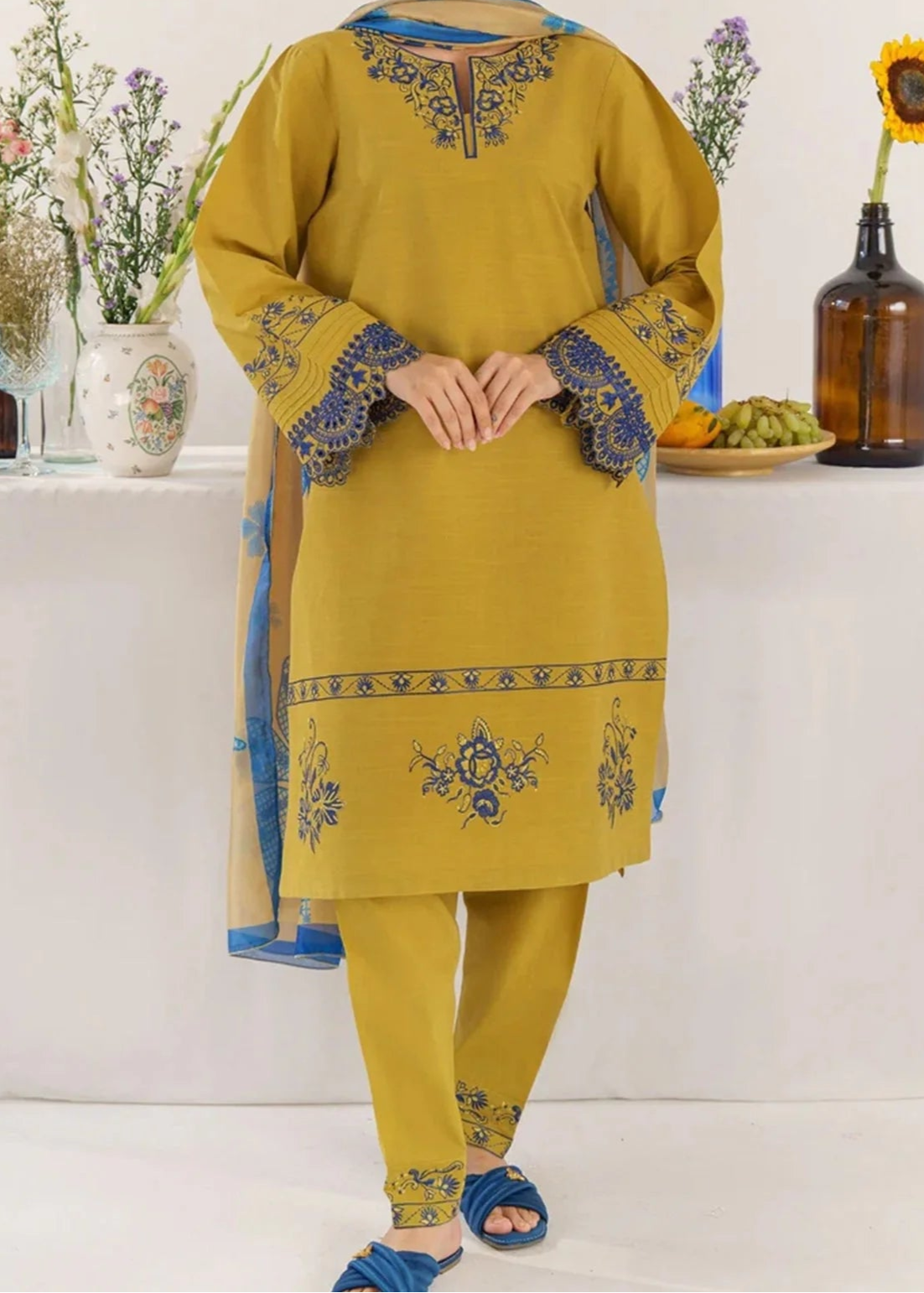 Grace W747-Embroidered 3pc Marina Dress With Printed Shawl.