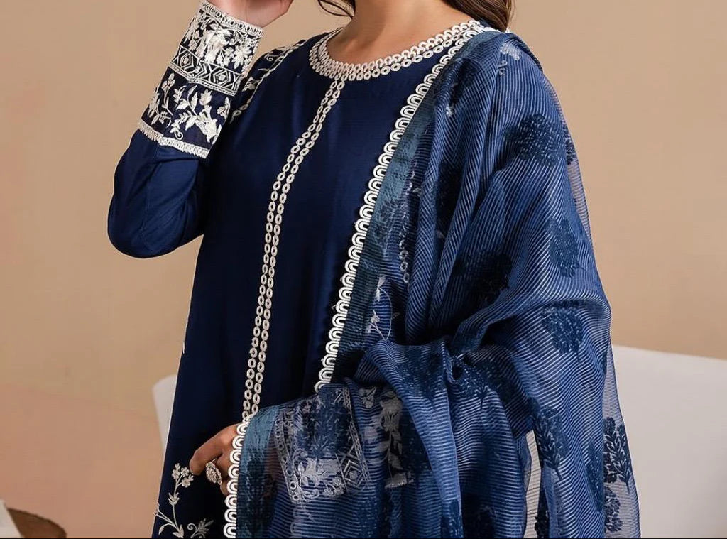 Grace Z-(W767 ) - Stitched Embroidered 3pc Marina Dress With Printed Shawl.