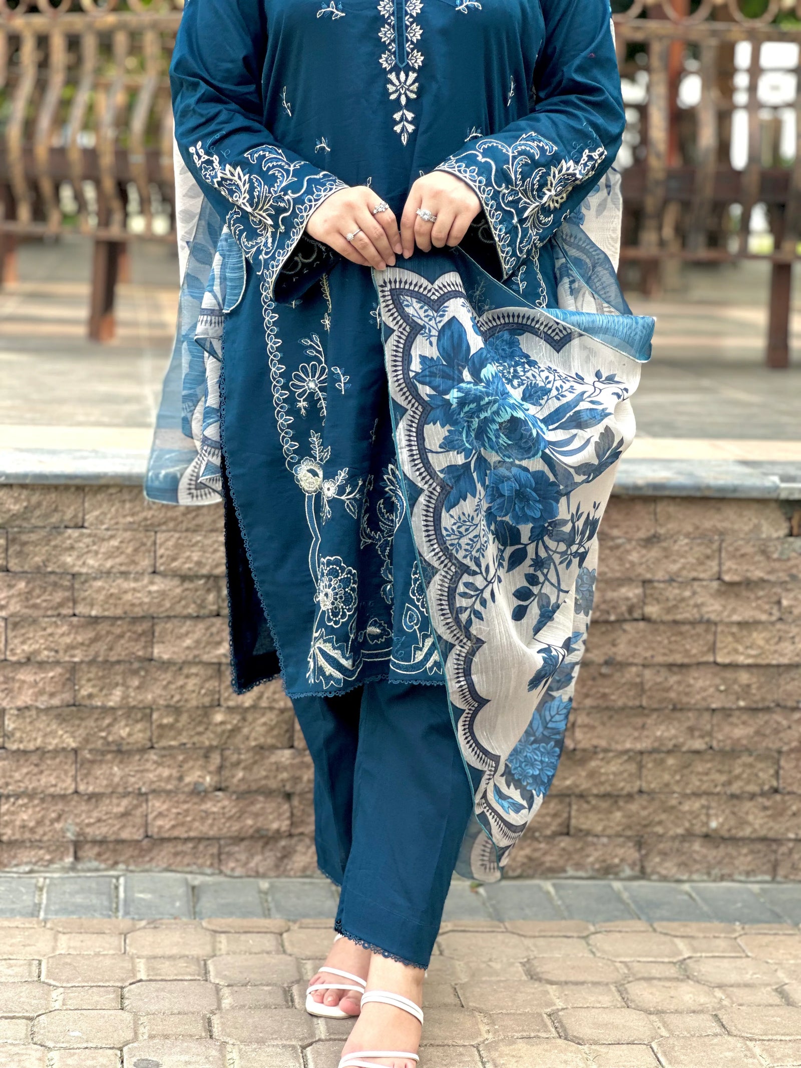 Grace W752-Embroidered 3pc Marina Dress With Printed Shawl.