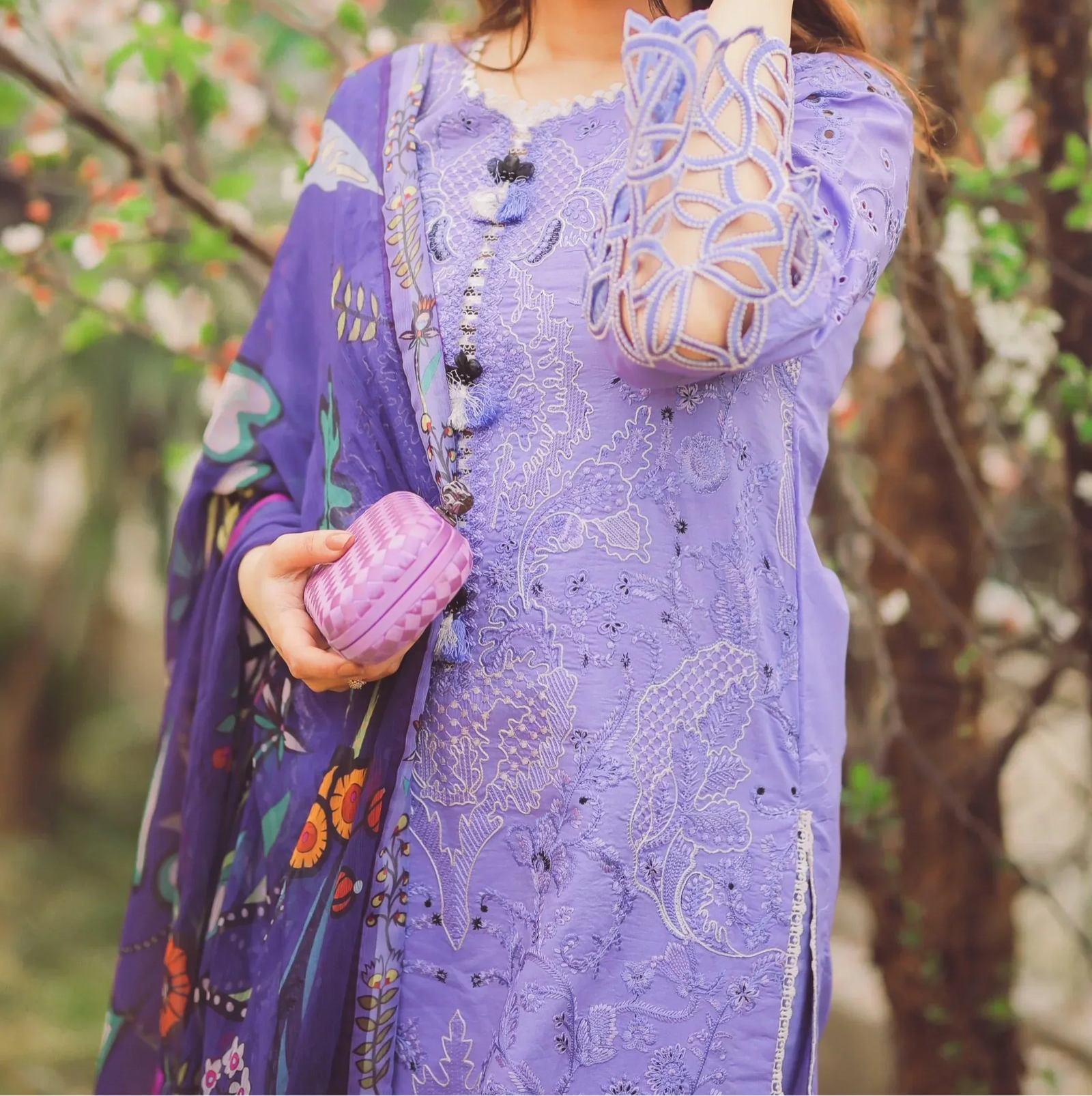 Grace W749-Embroidered 3pc Marina Dress With Printed Shawl.