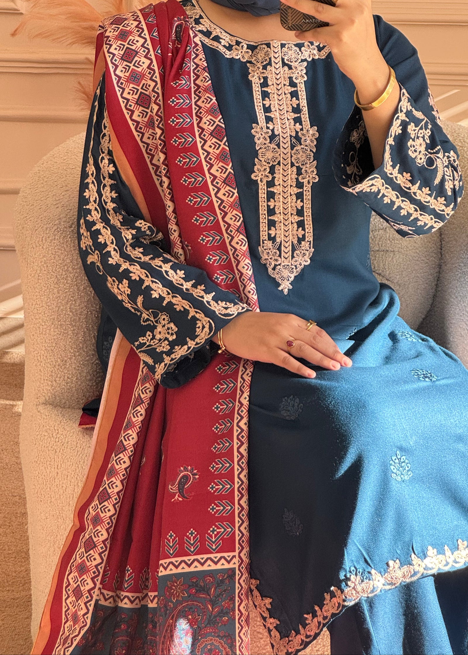 Grace W716-Embroidered CHIKANKARI 3pc Marina Dress With Printed Shawl