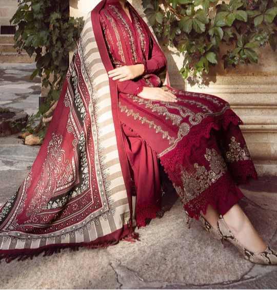 Grace W714-Embroidered 3pc Marina Dress With Printed Shawl