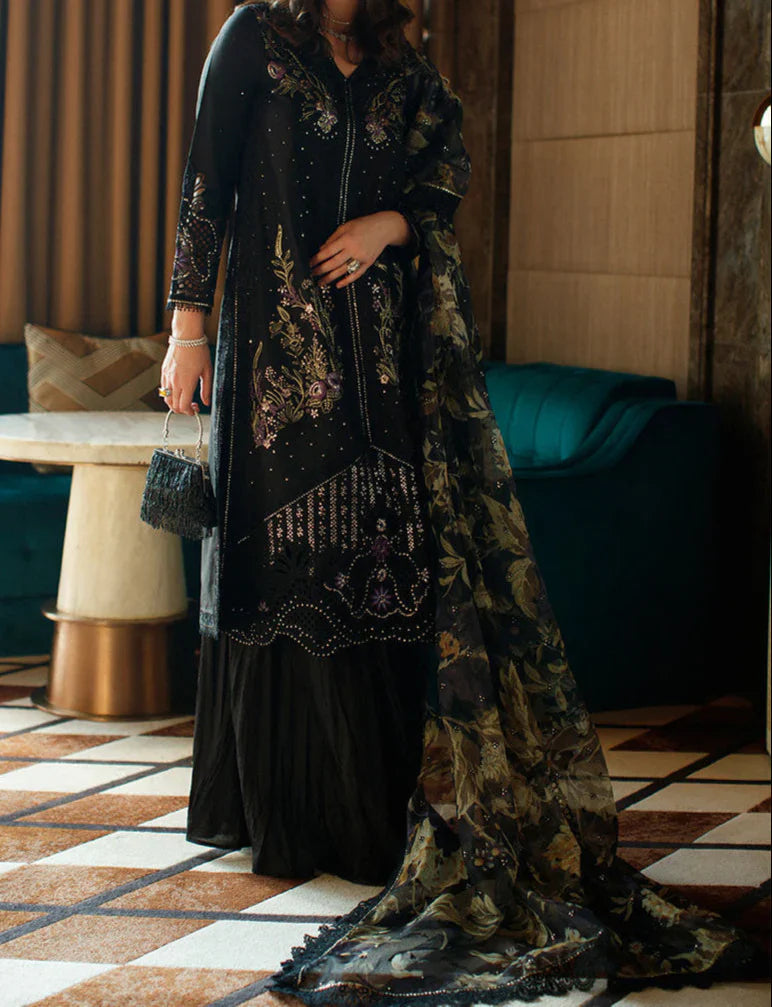 Grace Z-(W741) - Stitched Embroidered Sequence 3pc CUTWORK Marina Dress With Printed Shawl.