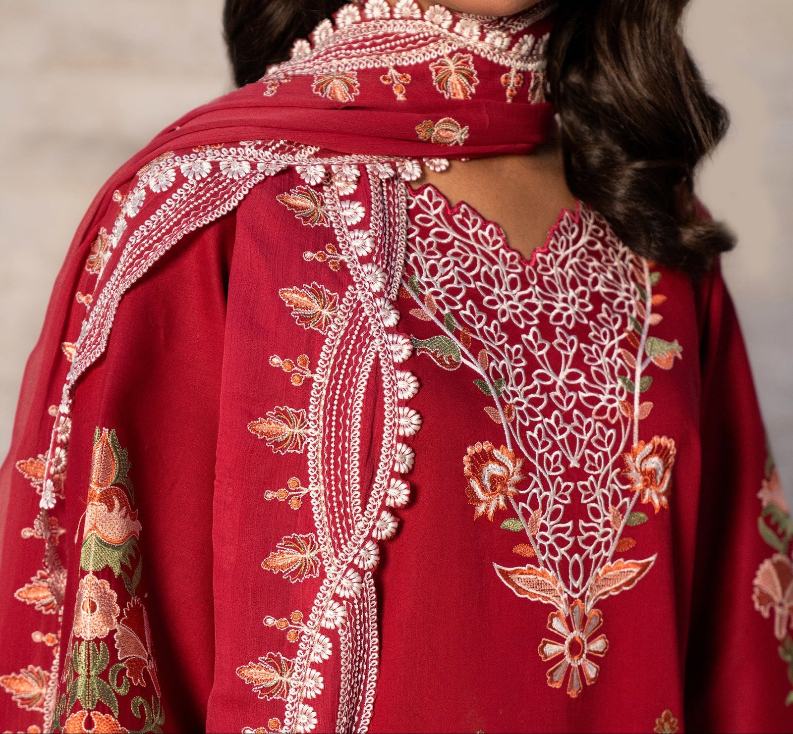 MISK 01 - Stitched Embroidered 3pc Lawn Dress With Embroidered Chiffon Dupatta.