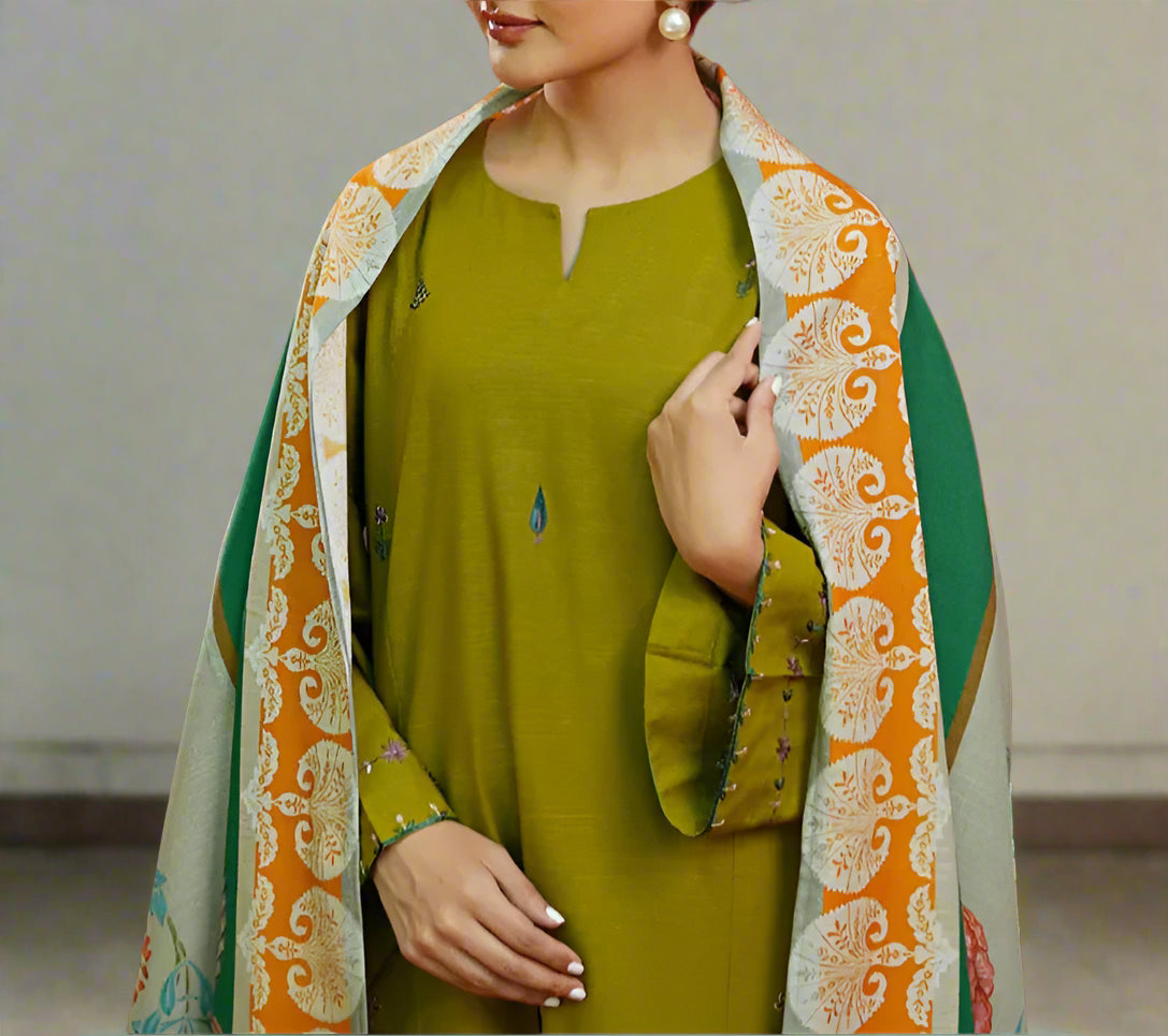 Grace S1073-Embroidered 3pc Lawn dress with Printed Munar Dupatta.
