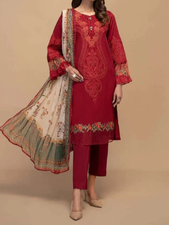 Grace W259- Embroidered 3pc linen dress with Printed monar dupatta.