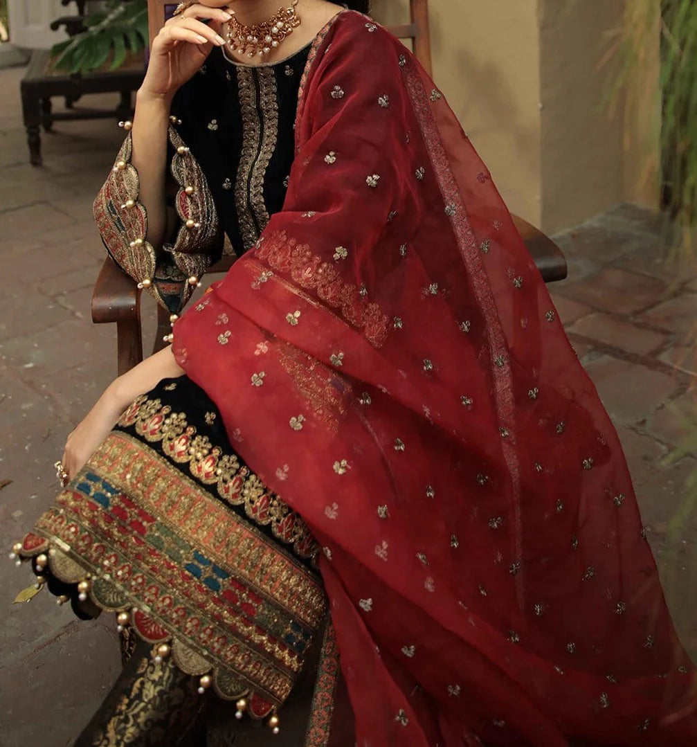 Grace W667- Embroidered 2pc Velvet Shirt with Embroidered organza dupatta.