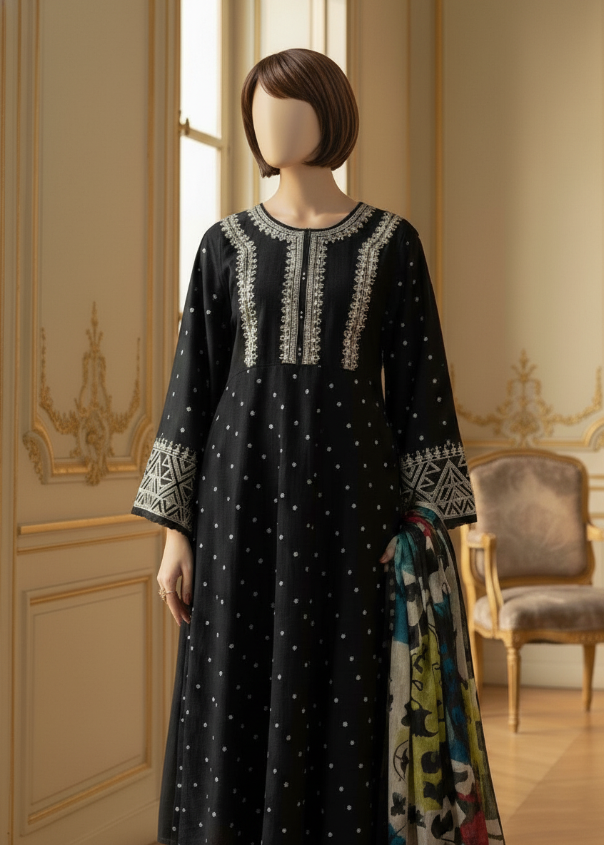 Grace W532-Embroidered 3pc marina dress with Printed shawl.