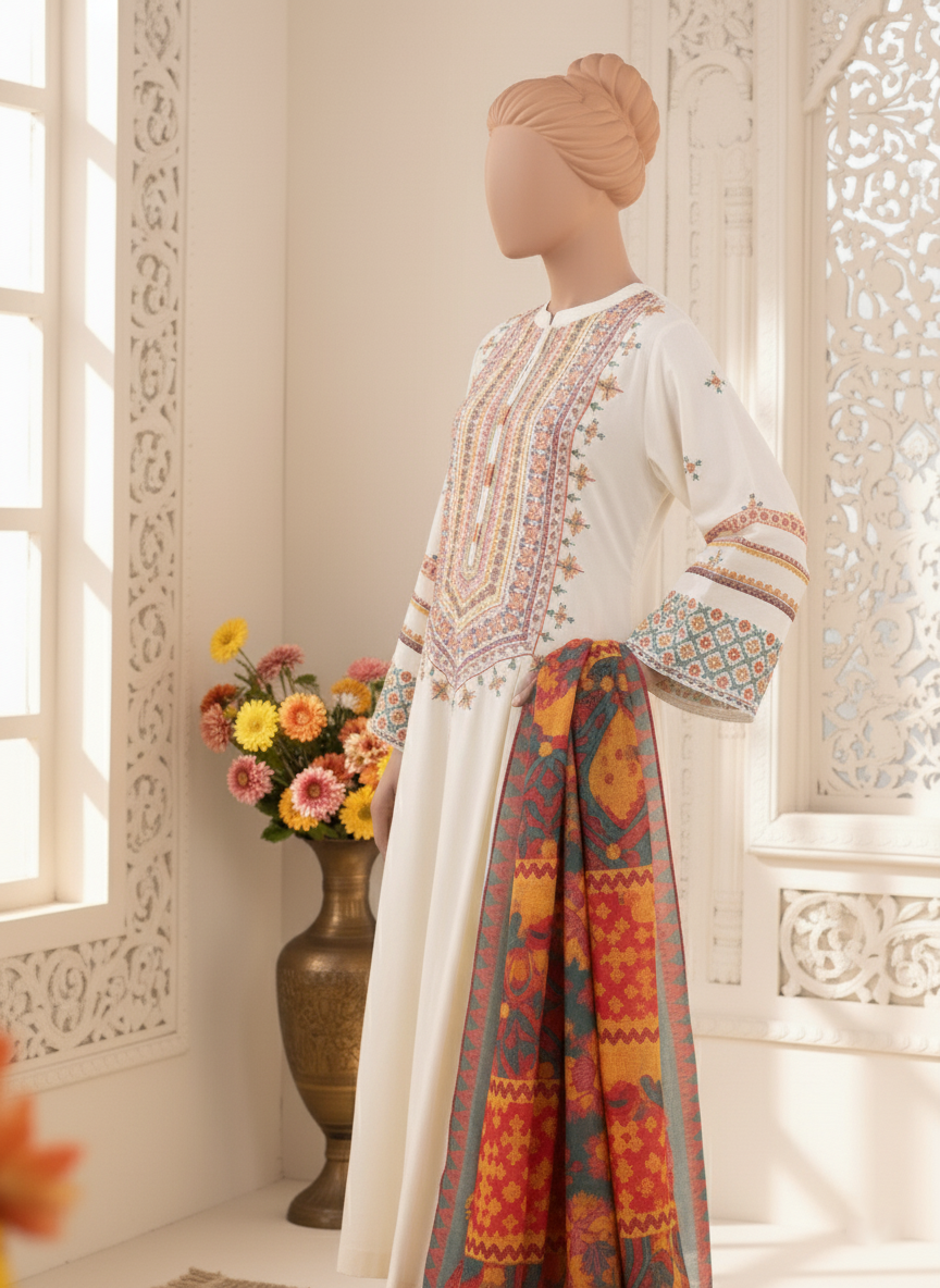 Grace W556-Embroidered 3pc marina dress with Printed shawl.